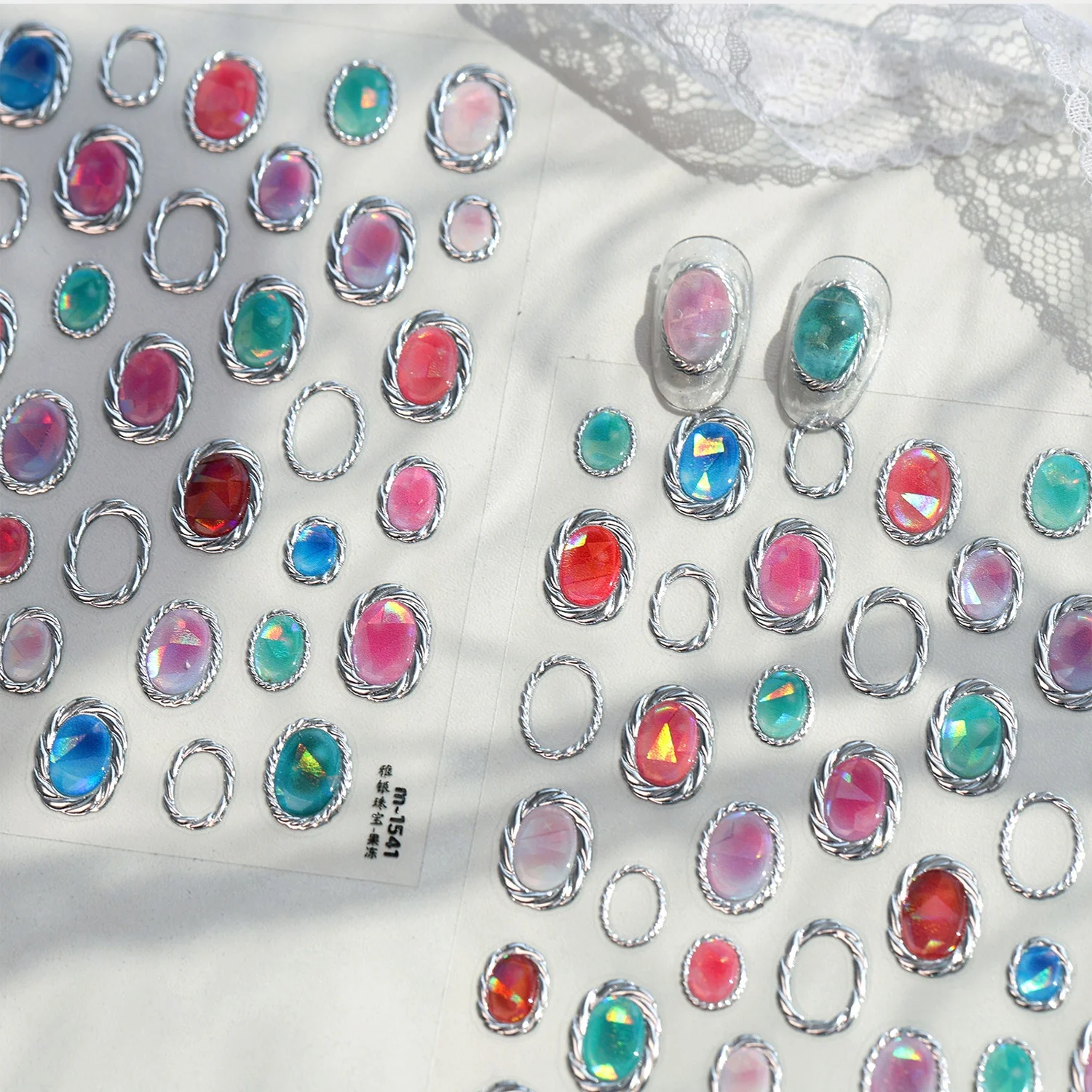 Elegant Royal 5D Nail Decals Retro Palace Style Oval Fake Cat Eye Gem Hollow Metal Ring Frame Self‑Adhesive Nail Stickers DIY