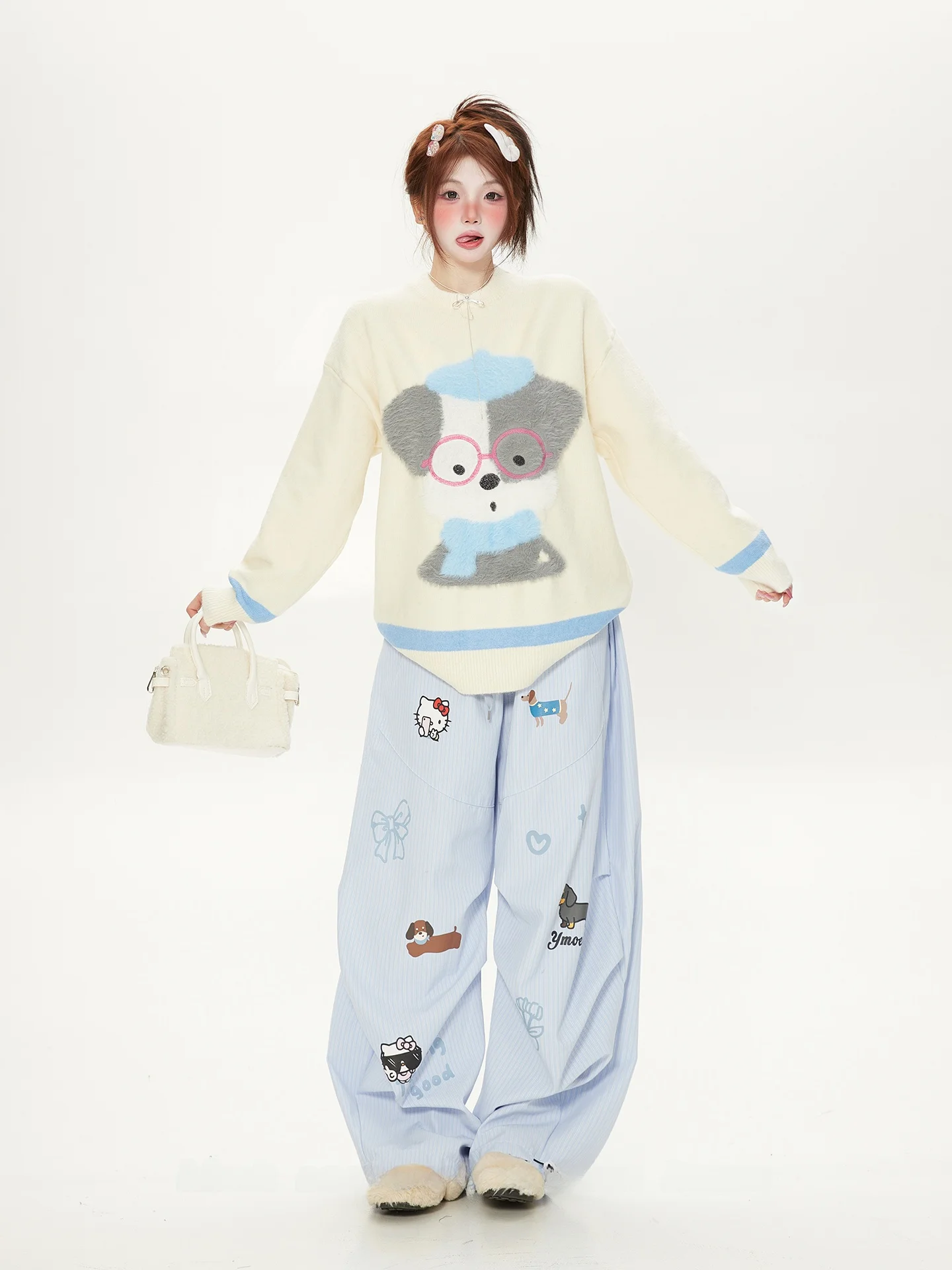 

Мягкий милый круглый вязаный свитер с вышивкой маленькой собачки, женский осенне-зимний теплый корейский свитер Lazy Faion, красивый вязаный свитер...