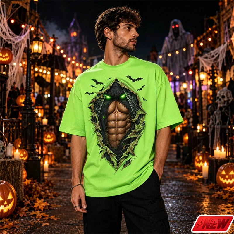 Novelty Fake Muscle T Shirt Men 3D Print Torn Effect Bat Pattern Short Sleeve Crew Neck Quick Dry  Halloween Cosplay Party Tee