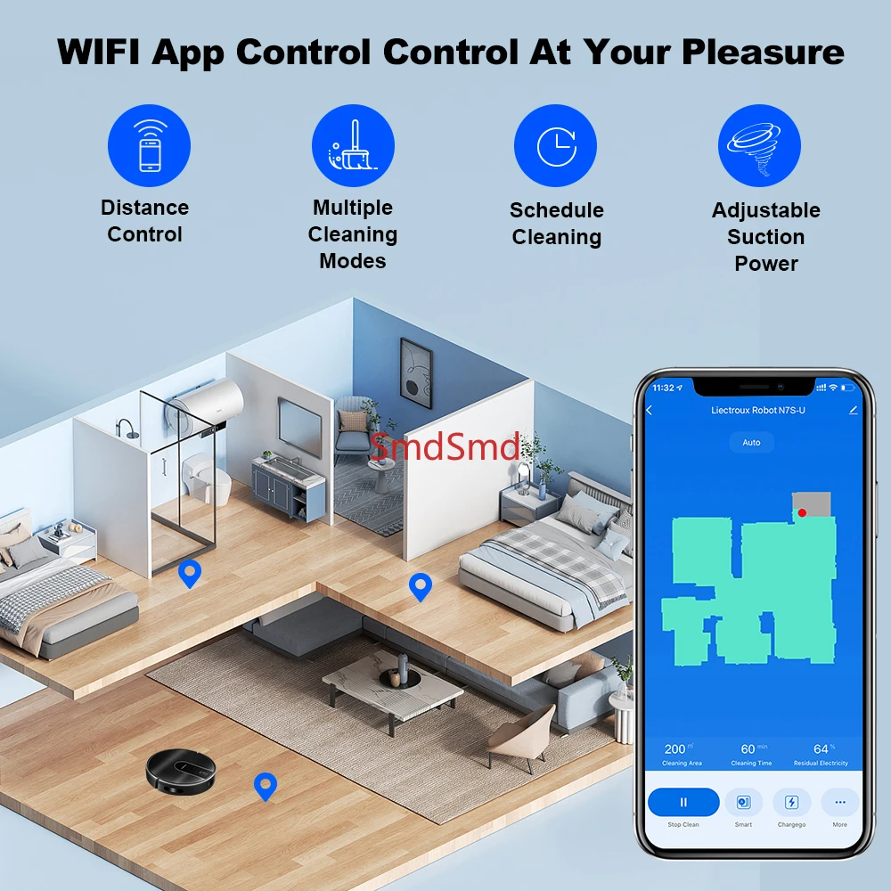 Robot Vacuum Cleaner  N7S-U,Smart Mapping,WiFi App,4000Pa,BLDC Motor,Ideal for Pet Hair,Carpet,Floor