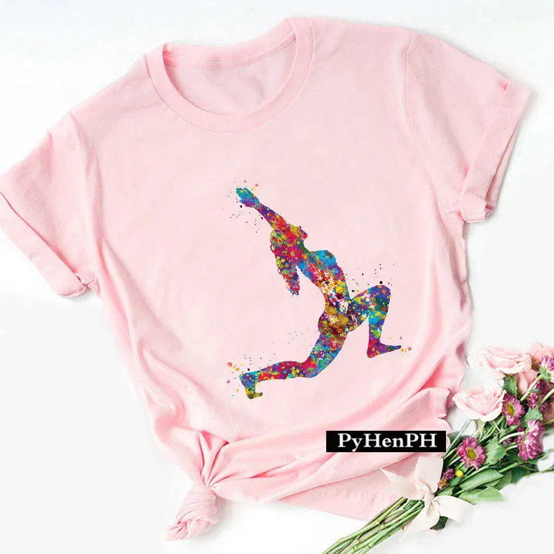 

Женская футболка с акварельным принтом для йоги, с коротким рукавом, девчачья розовая винтажная футболка в стиле Харадзюку, студенческие повседневные топы