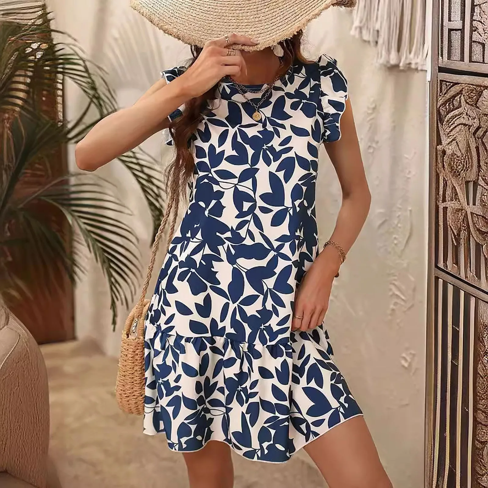 Robe courte à volants pour femmes, col rond, imprimé, couleur, dos nu, à la mode, tempérament d\'été, robes slim de vacances, nouveau