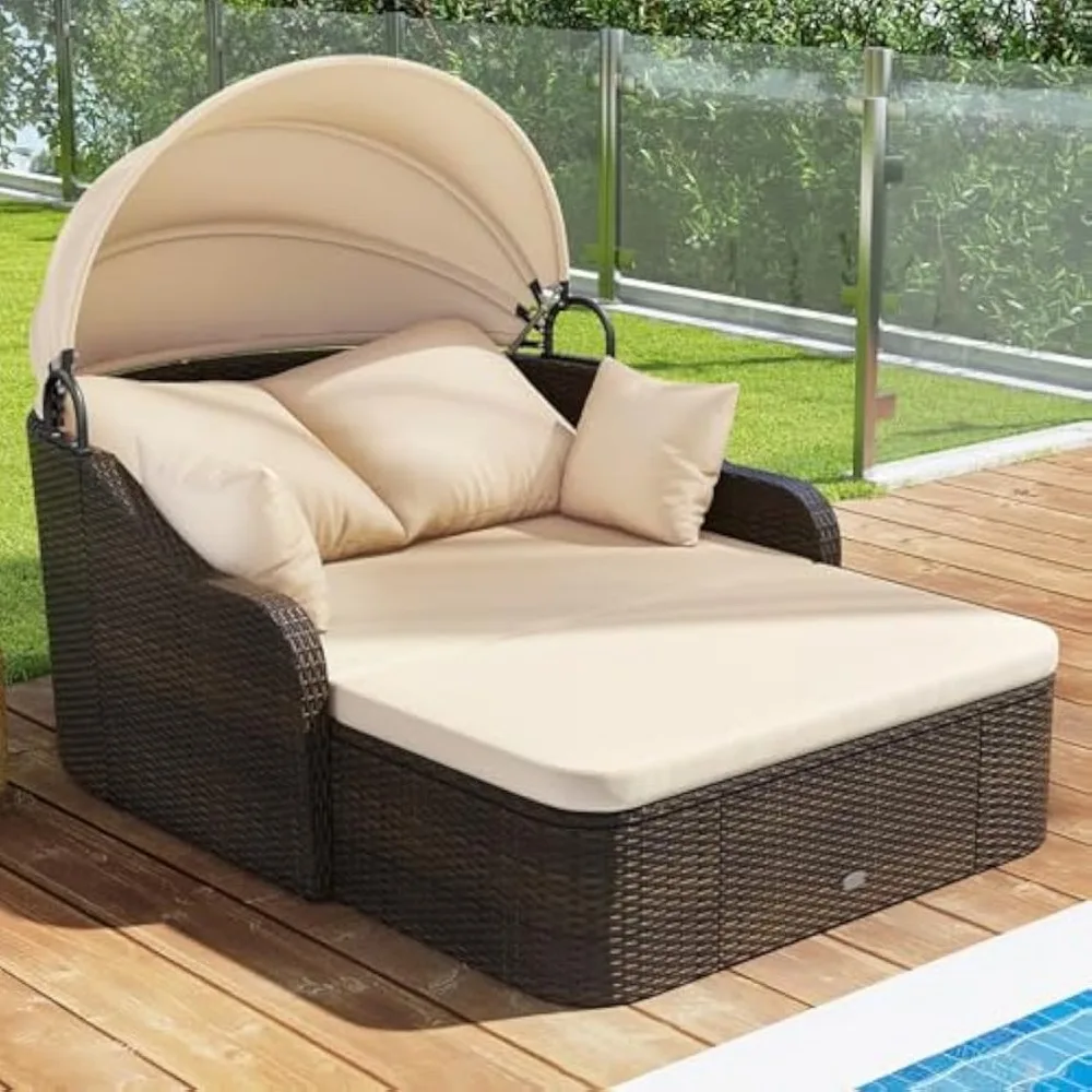 

Moccha Outdoor Daybed with Retractable Canopy - PE Rattan Double Chaise Lounge w/Soft Cushions, Pillows, Ottoman, Outside Sunbed
