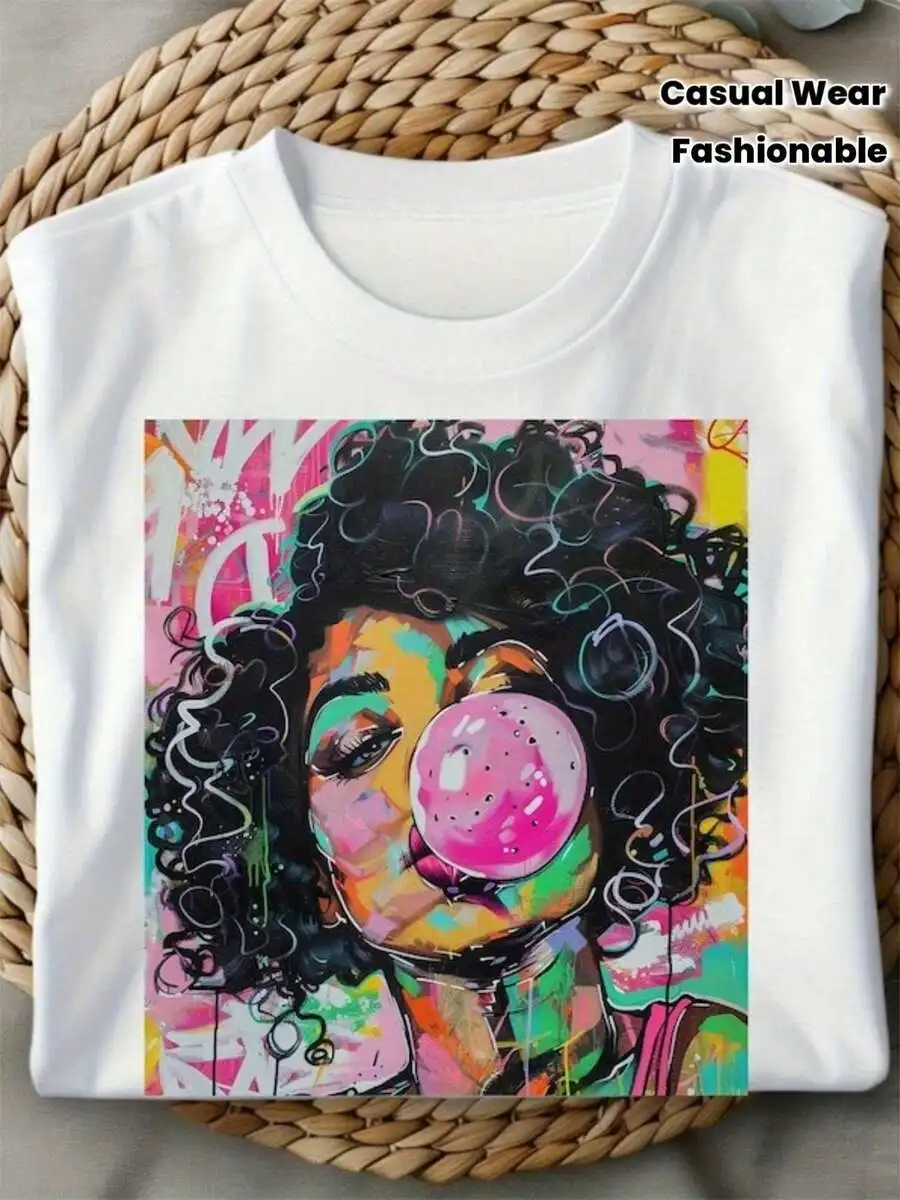 

Retro Urban Art Graphic T-Shirt For Women With Curly Hair And Bubble Gum Design