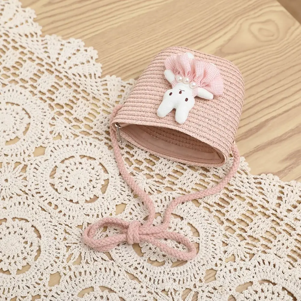 Summer Beach Cartoon Bunny Mini Straw Bag Zipper Coin Purse Crossbody Handbag Photo Props Handmade Woven Kid Messenger Bags