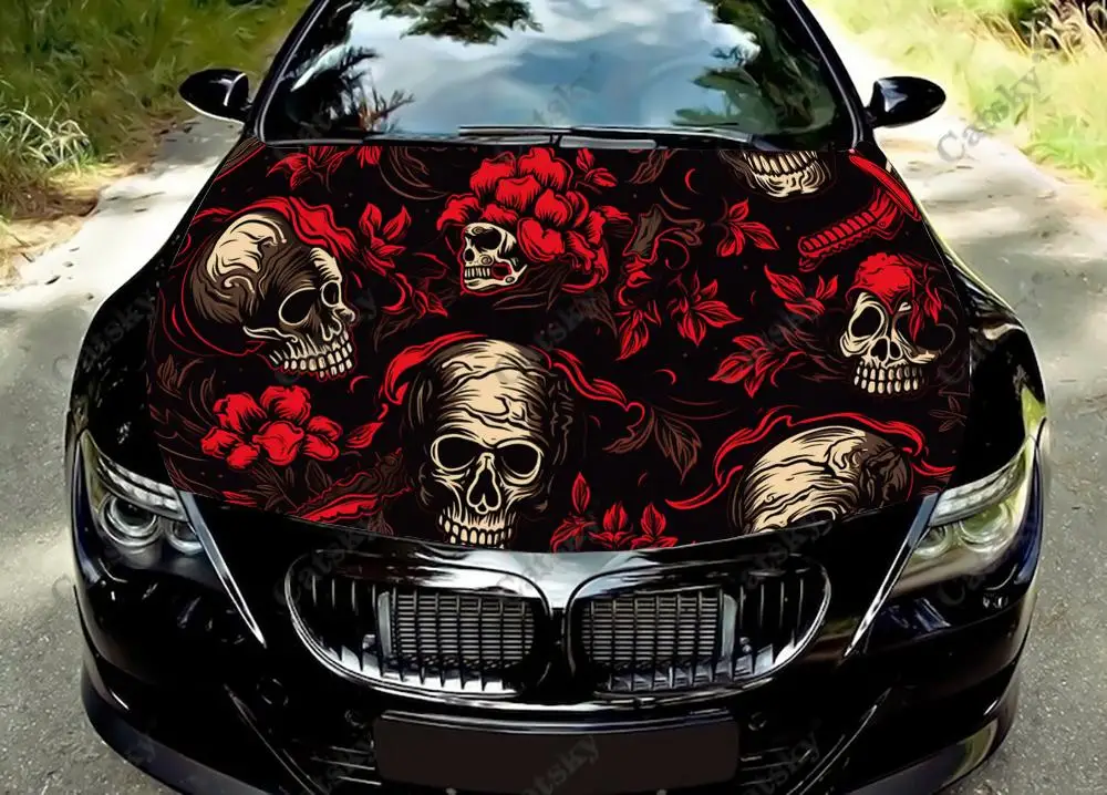 

Skulls with Red Flowers Car Hood Decal Stickers Wrap Vinyl Film Engine Cover Decals Sticker Car Hood Protective Film