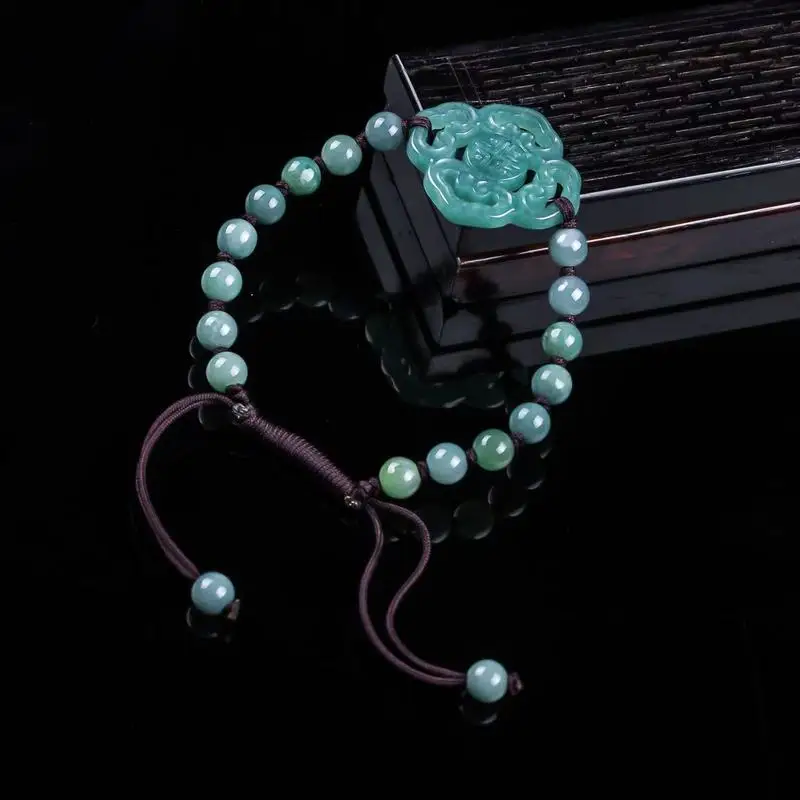 Natural Jadeite A-grade Bracelet Original Design Fashionable Blue Water Ice Type Round Bead Jewelry for Men and Women view 2