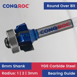 Woodworking Round Over Router Bit 8mm Shank 4-Wing Radius-1mm | 2mm | 3mm for Edge Trimming Cove Bit with Top Bearing