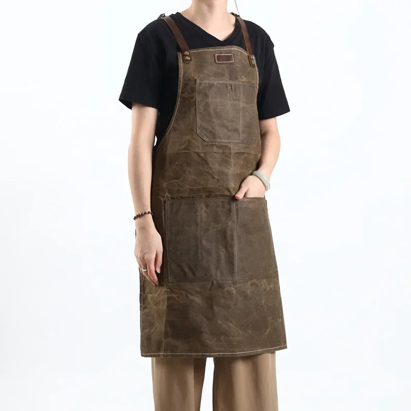 Durable Work Shop Tool Apron Heavy Duty Waxed Canvas Aprons Waterproof Adjustable Cross-Back Straps With Tool Pockets Unisex