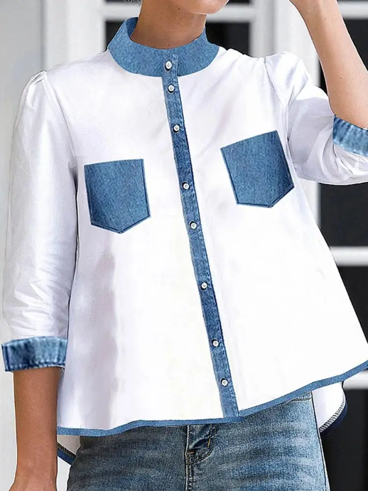 Uoozee 2024 New Female Fashion Simple Patchwork Blouses Spring Summer High-Low Button Fake Pockets Mock Neck Casual Shirts Tops