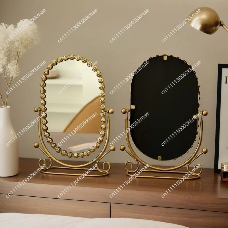 Light Luxury Wrought Iron Vertical Mirror Rotatable Retro Makeup Mirror Bedroom Vanity Mirror Desktop Ornament Photo Props