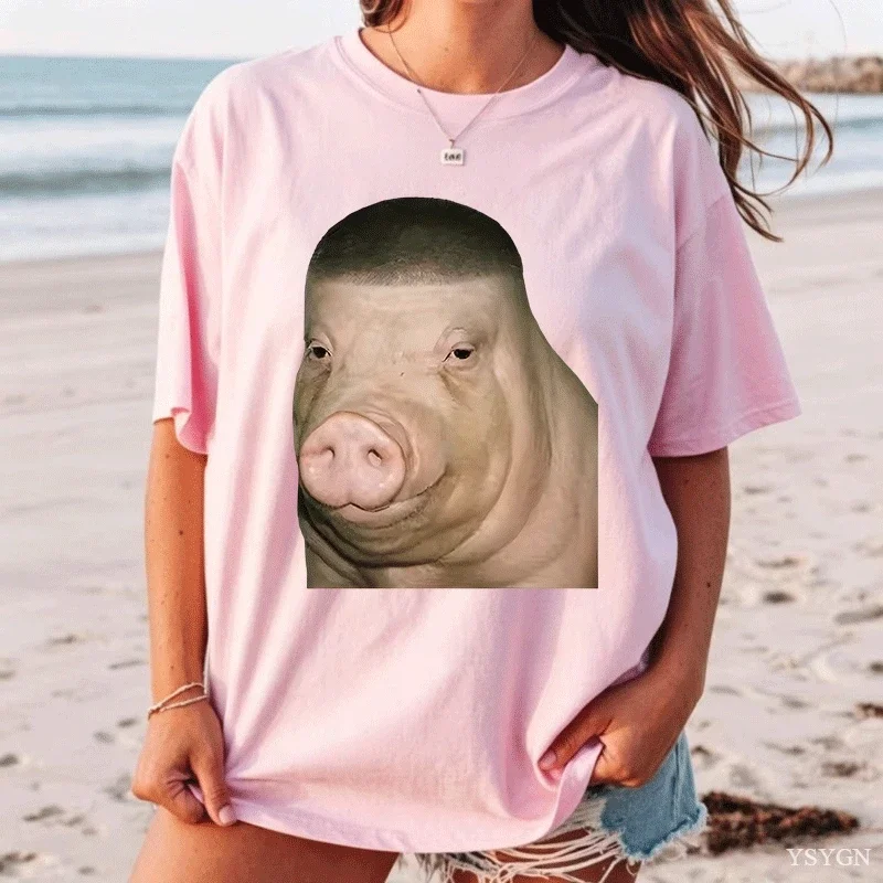 Wigger Pig Fade Buzz Haircut Funny Meme Women T Shirt Brainrot Unhinged Tshirts Weird Animal Lover Tshirt Casual Round Neck Tops