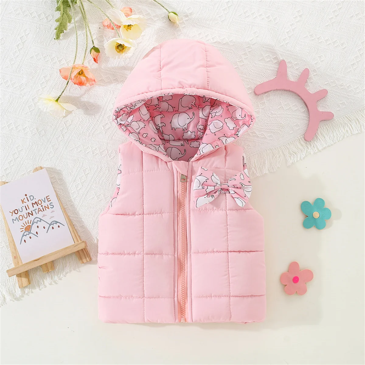 Autumn And Winter Girls\' Cotton Vest Cartoon Clip Solid Hooded Sweet Bow Zipper Warm Coat