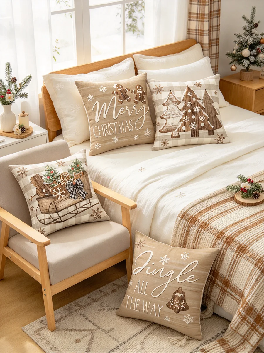 4PCS Christmas Pillow Set Wooden Tree Sled Snowscape Christmas Decoration Farmhouse Style Winter Home Decoration