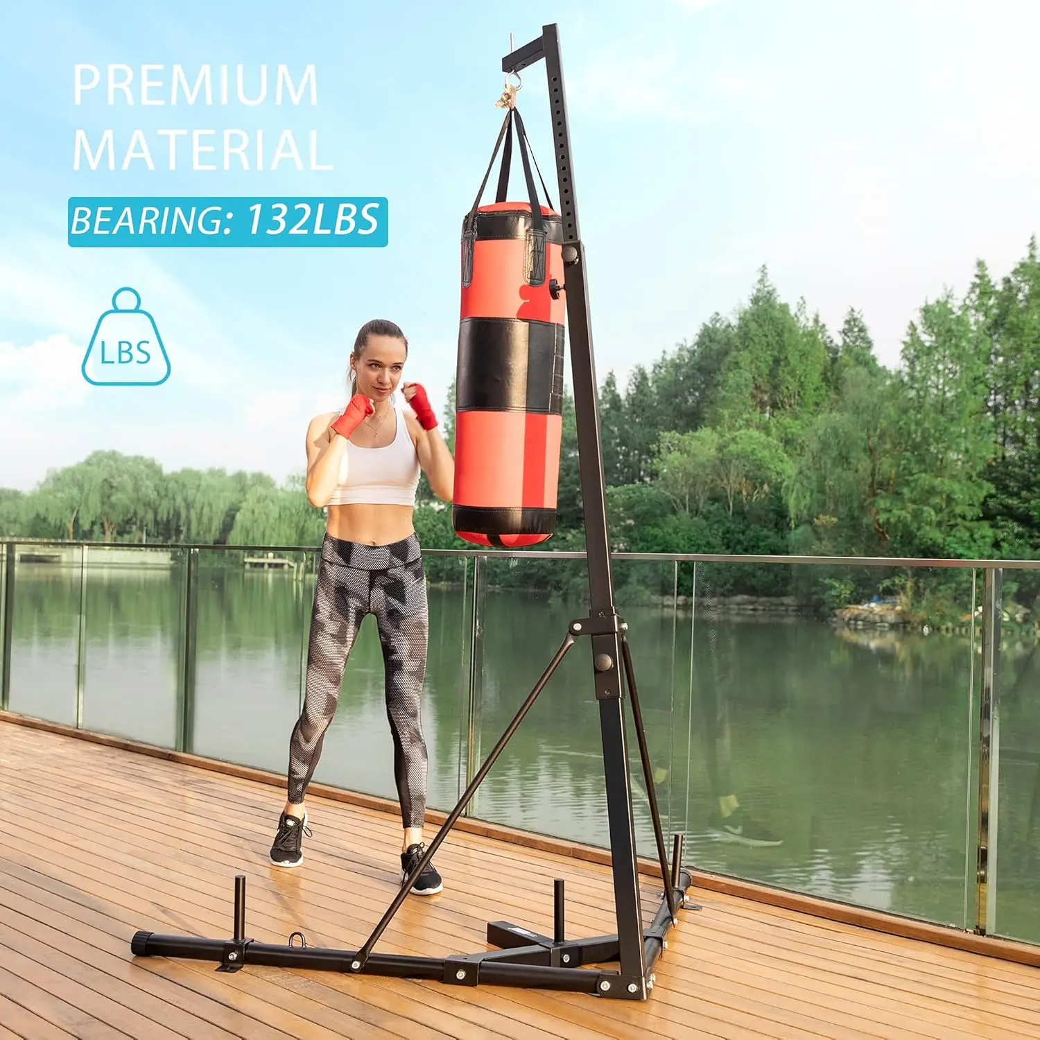 Adjustable Foldable Heavy Duty Boxing Punching Bag Stand Steel Sandbag Rack Freestanding Up to 132 lbs for Home Fitness Stable