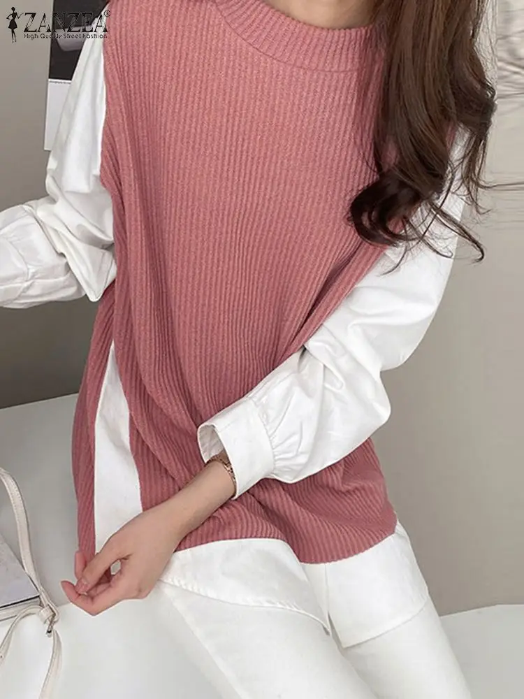 ZANZEA Long Sleeve Casual Sweatshirts Women Patchwork Autumn 2024 Knitted T-shirts Fake Two-Piece Korean Fashion Pullover Tops