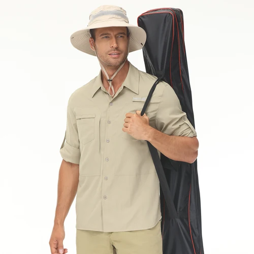 Imagen 2 del producto Camisas de pesca de manga larga para hombre UPF 50+, protección solar, transpirable, ligera, para viajes, trabajo, camisa con botones y bolsillo con cremallera
