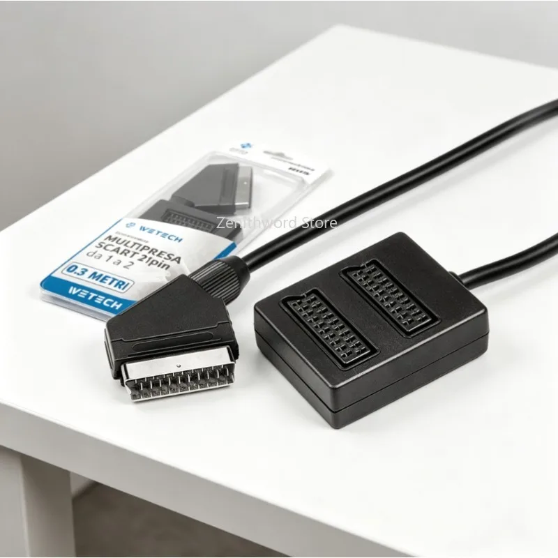 Splitter per cavo SCART, 21 pin, 1 maschio a 2 femmine, 0,3 m, nero, adattatore SCART per televisore, DVD, videoregistratore, decoder, console di gioco, connettore per commutatore AV, doppia porta,
