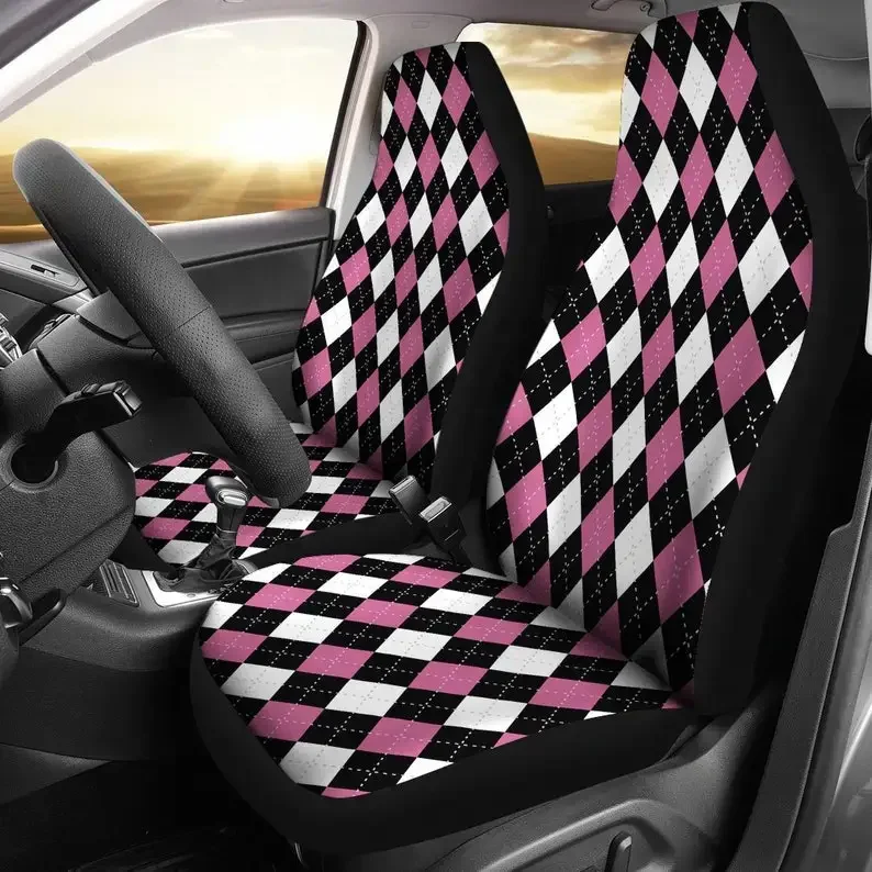 Argyle Print In Pink, Black and White Pattern Car or SUV Seat Covers Universal Fit Front Bucket Seat Seat Protectors