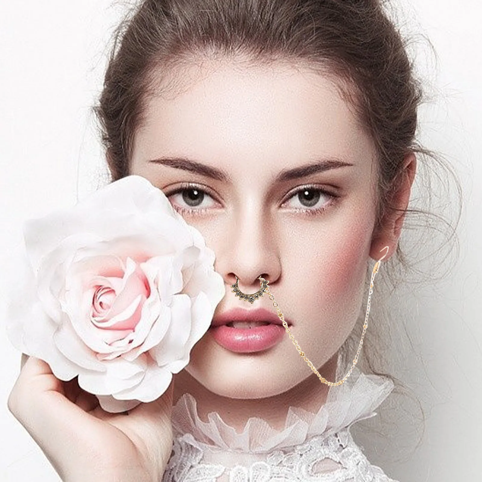 Golden Fake Nose Ring With Non Piercing Dangle Septum Ring Clip On For Women Festival Party Dance Body Jewelry Chain Hoop Nose
