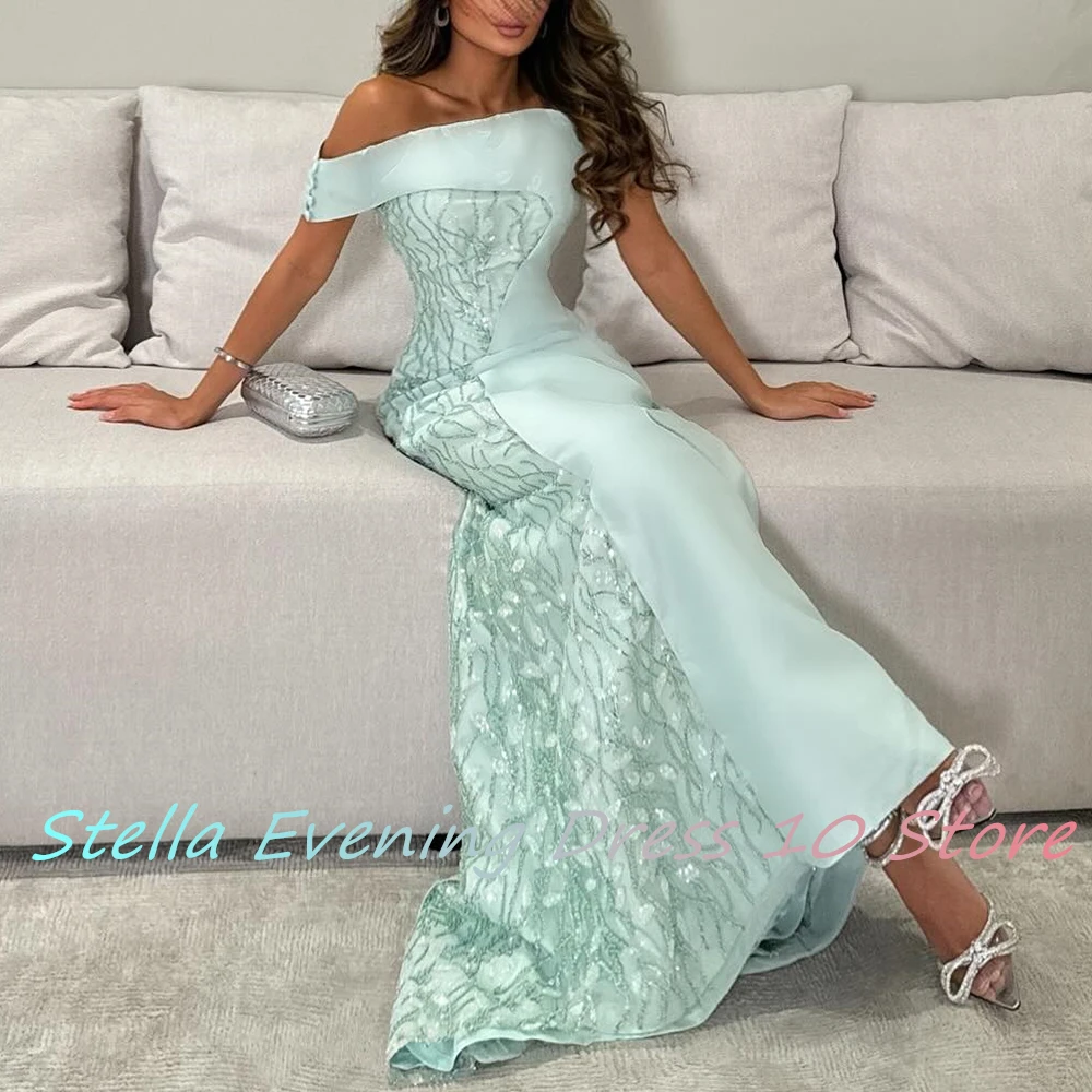 Customized Sexy Satin Straight Off the Shoulder Buttons Sequined Evening Dress High Quality Floor Length vestidos de fiesta