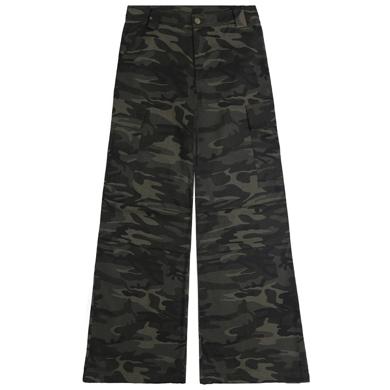 Y2K Spicy Girl 2026 New Camo Cargo Trousers Ruched Side Pockets High Rise Loose Wide Floor American Street Women Casual Pants