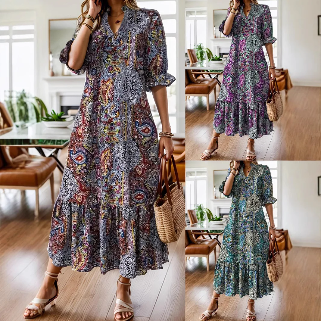 

Spring Summer Plus Size Printed V Neck Dress Women's Casual Midi Dresses Bohemian Beach Clothing Outfits