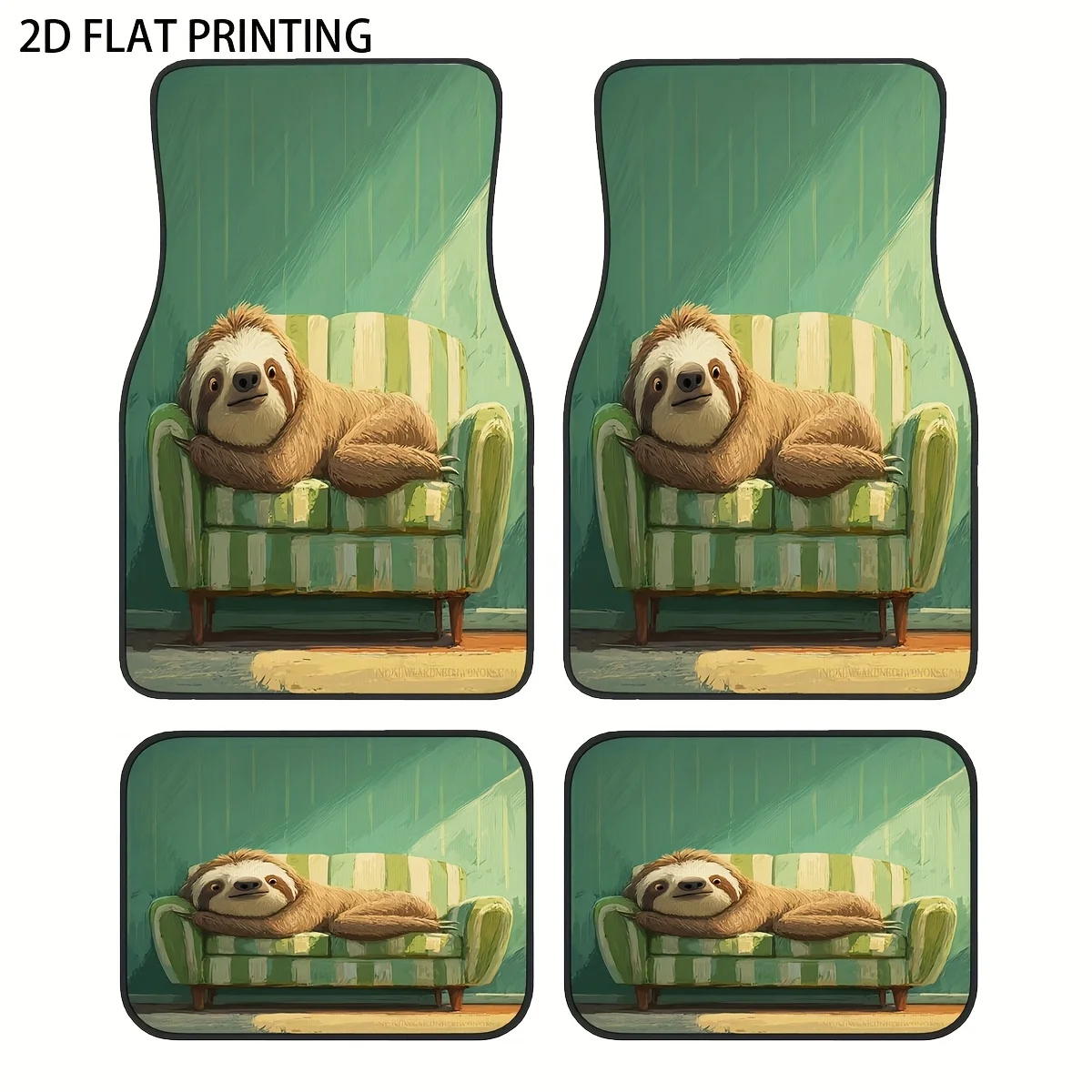 

4pcs Green Background Sloth Lazy Cute Pattern Printed Car Floor Mats, Universal Polyester Material, All-Season Vehicle Interior