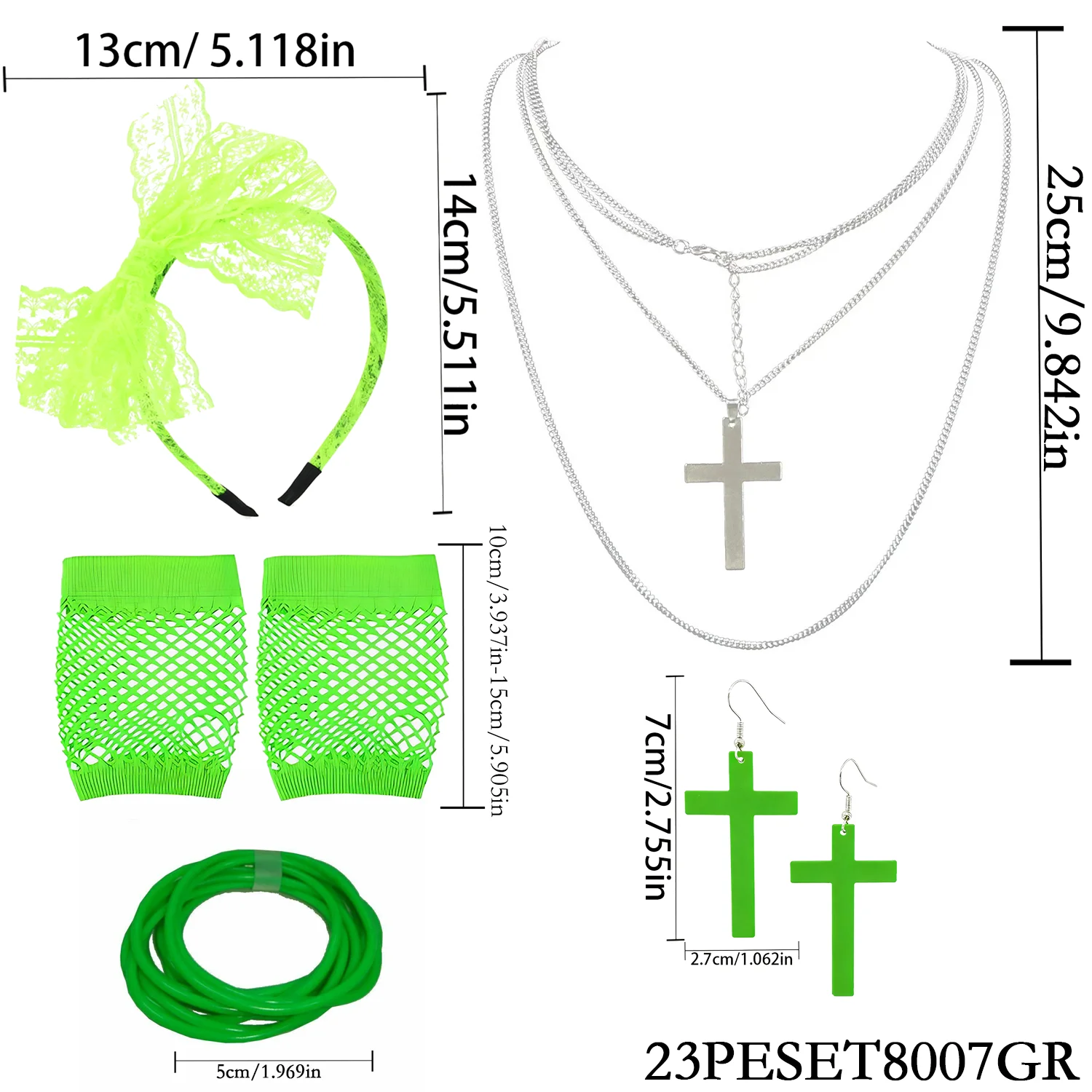 PESENAR personagem dos anos 80 vestir-se cabeça verde fluorescente fivela colar brincos pulseira luvas cinco peças