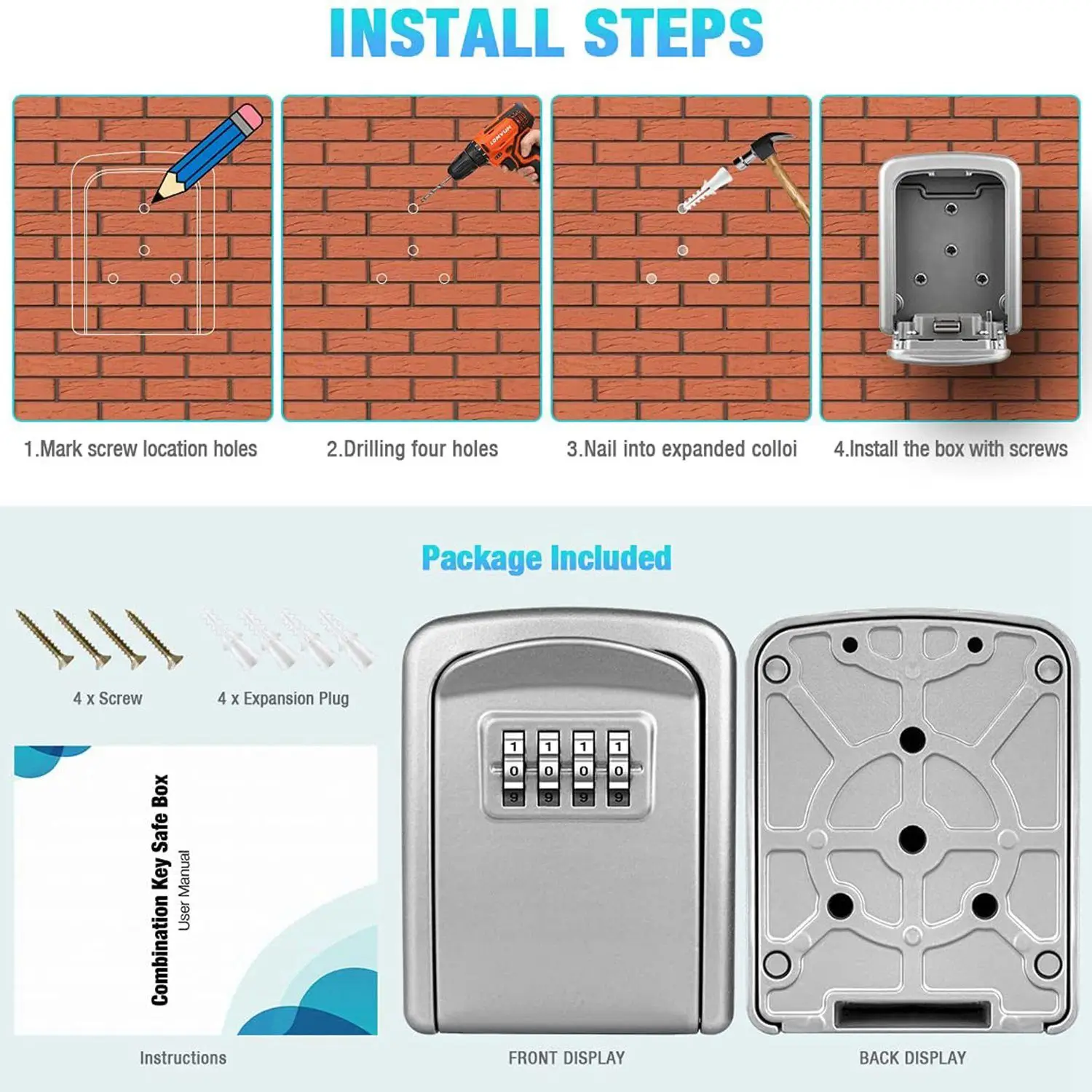 Caja de cerradura de llave montada en la pared, candado de combinación de 4 dígitos para llave de casa, almacenamiento de llaves de seguridad resistente a la intemperie, plateado