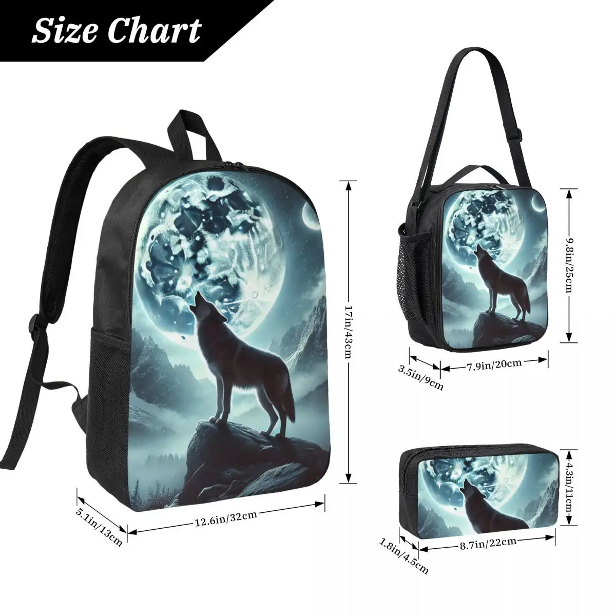 Howling Wolf Under The Moonlight Print Backpack BookBag School Bag Laptop Shoulder Bags 3ps Insulated Lunch Bag Pencil Case