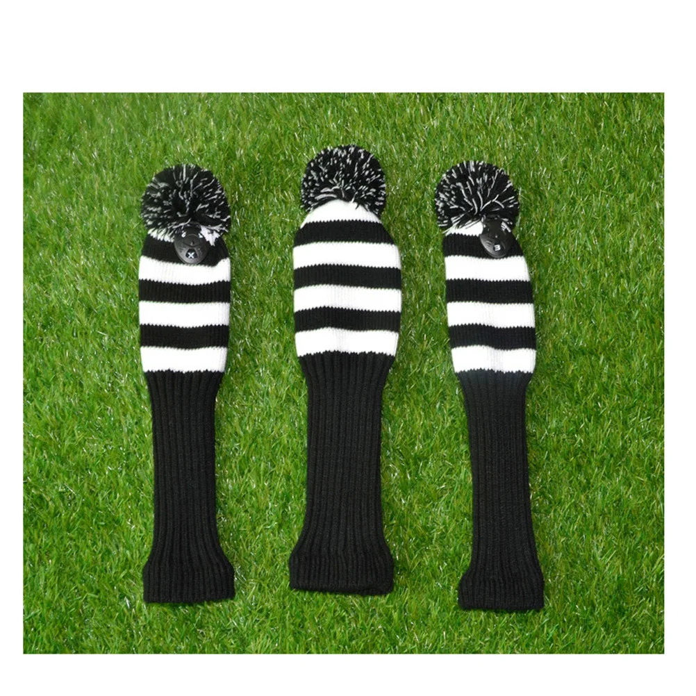 

3Pcs Golf Club Head Covers Premium Fabric Elastic Band Protection Black White Stripes Head Cover Sock for Scratch Proof