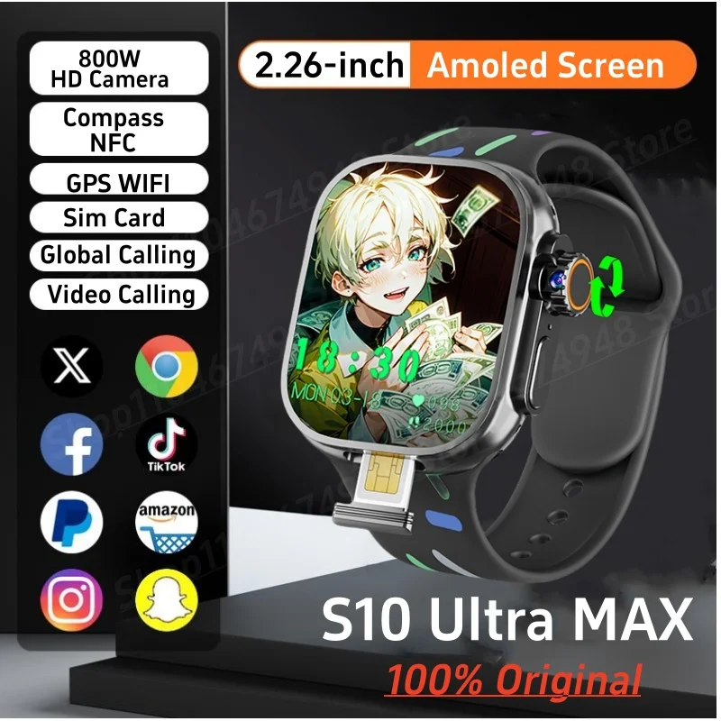 

S10 Ultra Max Smartwatch 4G Android 10.0 2.26-inch Amoled Rotary Camera Video Call GPS WIFI App Download Smart Watch Men Women