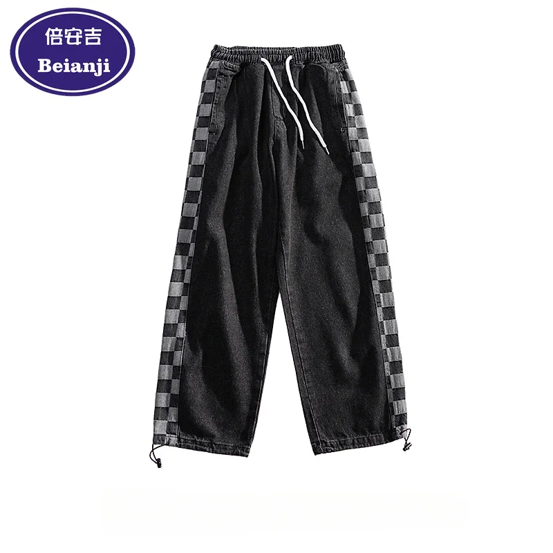 

Beianji men jeans vintage oldschool color contrast checkerboard print loose straight pipe fashion ins high street casual pants