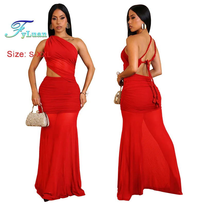 ชุดเดรสยาวสำหรับผู้หญิงแฟชั่น เซ็กซี่ ทรงเอซิมเมตริก เว้าเอวเฉียงไหล่เฉียง ผ้าตาข่ายซีทรูเปิดหลัง เหมาะสำหรับงานพรอม