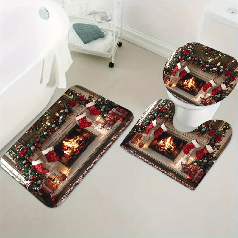 Christmas Fireplace Stockings Bathroom Set - 1PC/3PCS/4PCS, Machine Washable, Fade Resistant Polyester Bath Ensemble with Free H