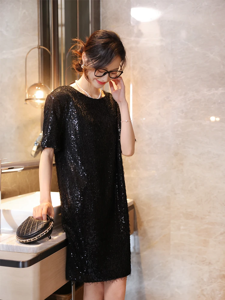 

iny Blingbling Trendy ort Sve Dr Women's Faion Spring New Arrival Polyester Fiber Straight Tube Ci Commute