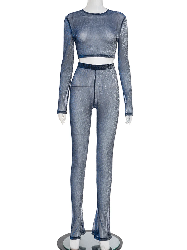 니버 코켓 밝은 실크 메쉬 2 조각 세트 여성 섹시한 긴 소매 작물 탑 + 플레어 바지 일치하는 높은 스트레치 미드 나잇 클럽웨어