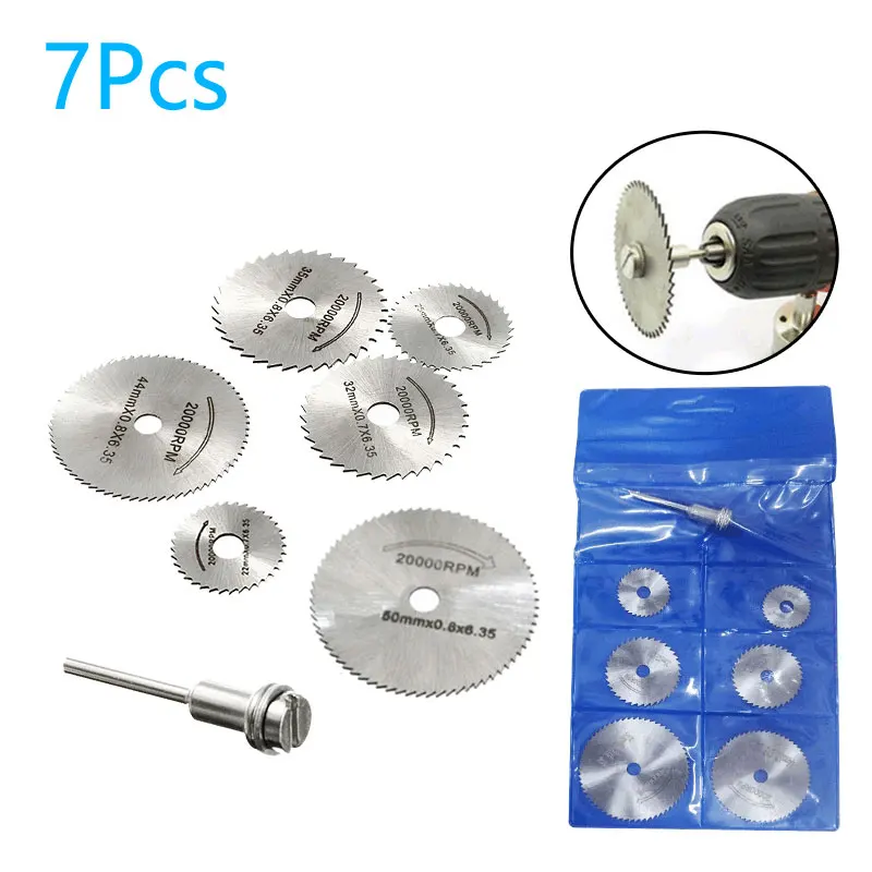 7pc Metal Circular Saw Disc Wheel Blades Shank High Speed Steel Mini Saw Blades with Mandrels Drill Warehouse Rotary Wood Cutout