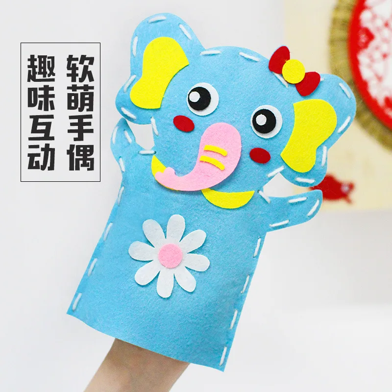 Children Cartoon DIY Hand Puppet Craft Toys Kindergarten Educational Non-Woven Handmade Paste Material Sewing Kit Kids Xmas Gift