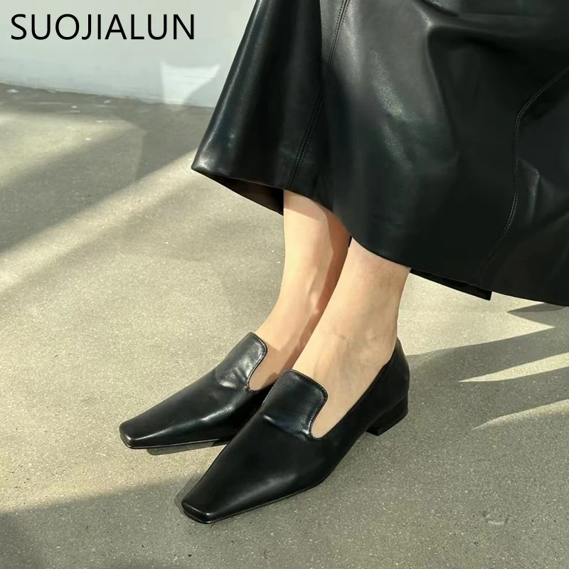 SUOJIALUN 2024 Spring New Brand Women Flat Shoes Fashion Square Toe Slip On Laofer Shoes Ladies Casual Outdoor Dress Single Shoe