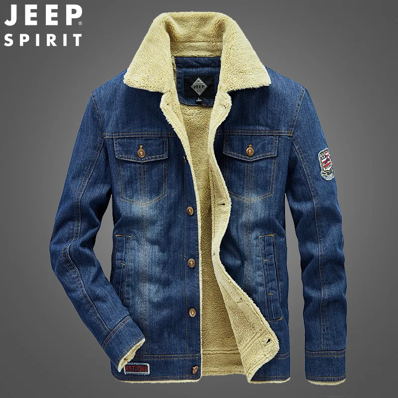 JEEP SPIRIT autumn winter Denim Jacket men plus velvet thick fashion casual warm and cold-proof high-quality coat clothes