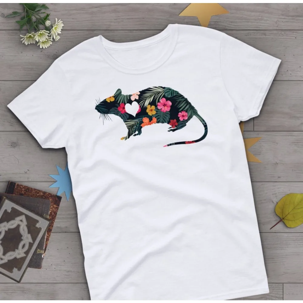 

Rat Shirt Creatively Design Flowers and Mice Printed T-shirt Pet Mouse Owner Gift Shirt Men Women Summer Casual Cotton Tee Tops