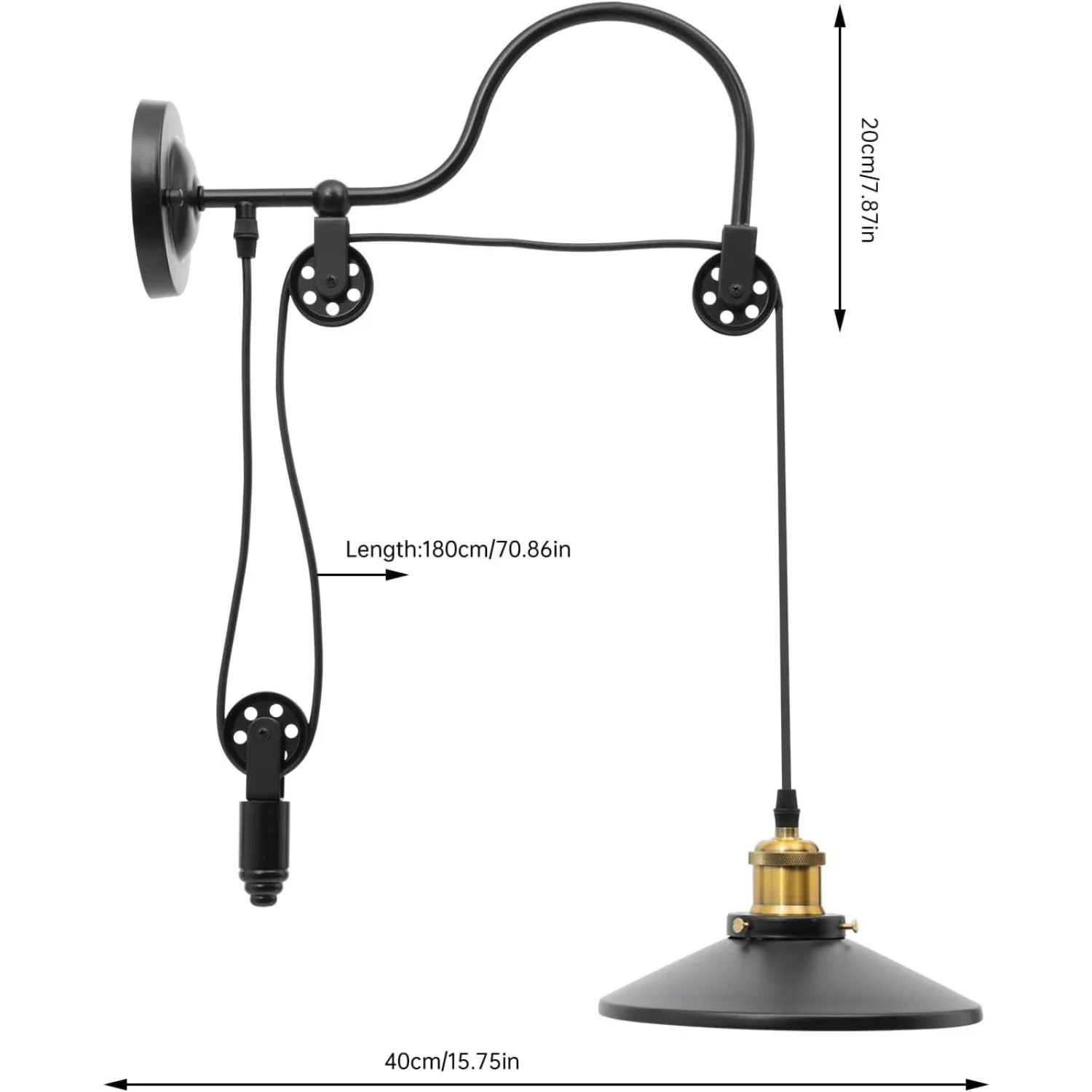 مصباح جداري معقوفة، سلسلة/حبل قابل للتعديل، مصباح جداري صناعي عتيق، بكرة معقوفة، تركيبات جدارية معدنية لـ D #3