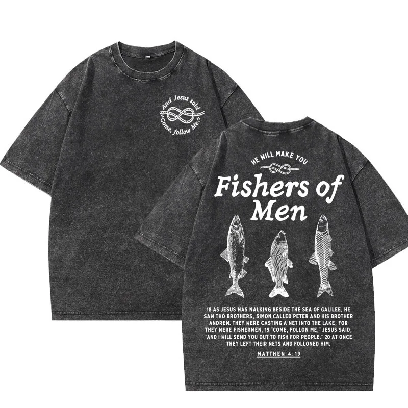 Die Fischerei der Menschen Matthäus 4:19 Christliches T-Shirt für Männer und Frauen Vintage Jesus Glaubens-Grafik-T-Shirt Baumwolle Kurzarm Rundhals-T-Shirts – Detail 3