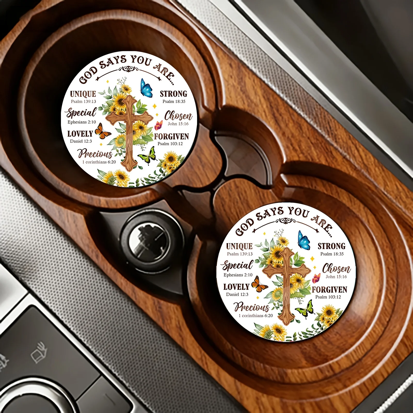 God Says You Are Religious Theme Car Coaster 2-Pack, Anti-Slip And Anti-Hot Cup Holder Mats, Cross And Sunflower Car Interior De