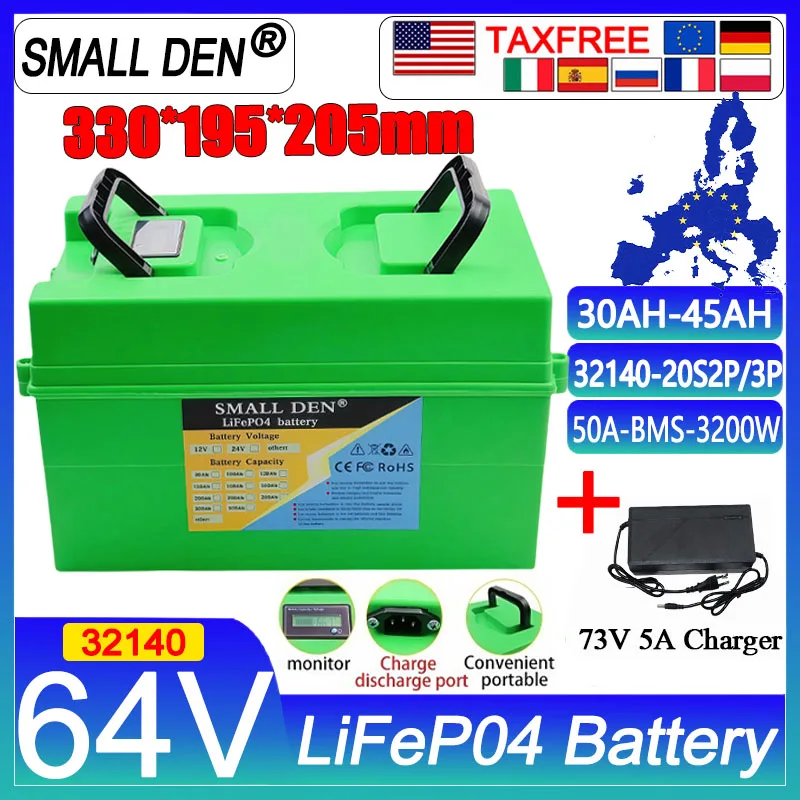 

Новый аккумулятор LiFePO4 32140, 64 В, 30 Ач, 45 Ач, двигатель 20S3P, 0-3200 Вт, с 50 А BMS For73 В, портативный источник питания для электронного мотоцикла, трехколесного велосипеда