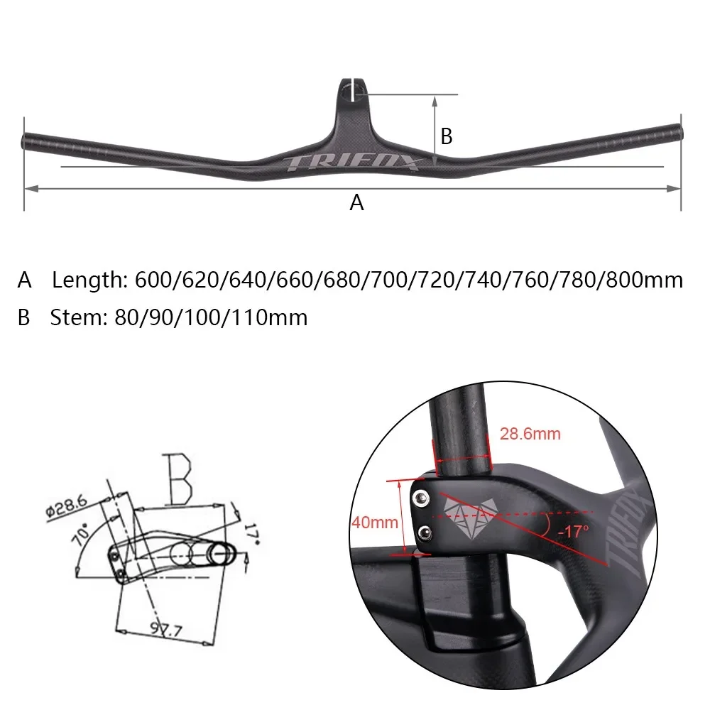 TRIFOX MTB Bicycle Handlebar Riser Angle-17° Degree One-shaped Integrated Handlebar Stem80/90/100/110 3K Matte 600-800mm