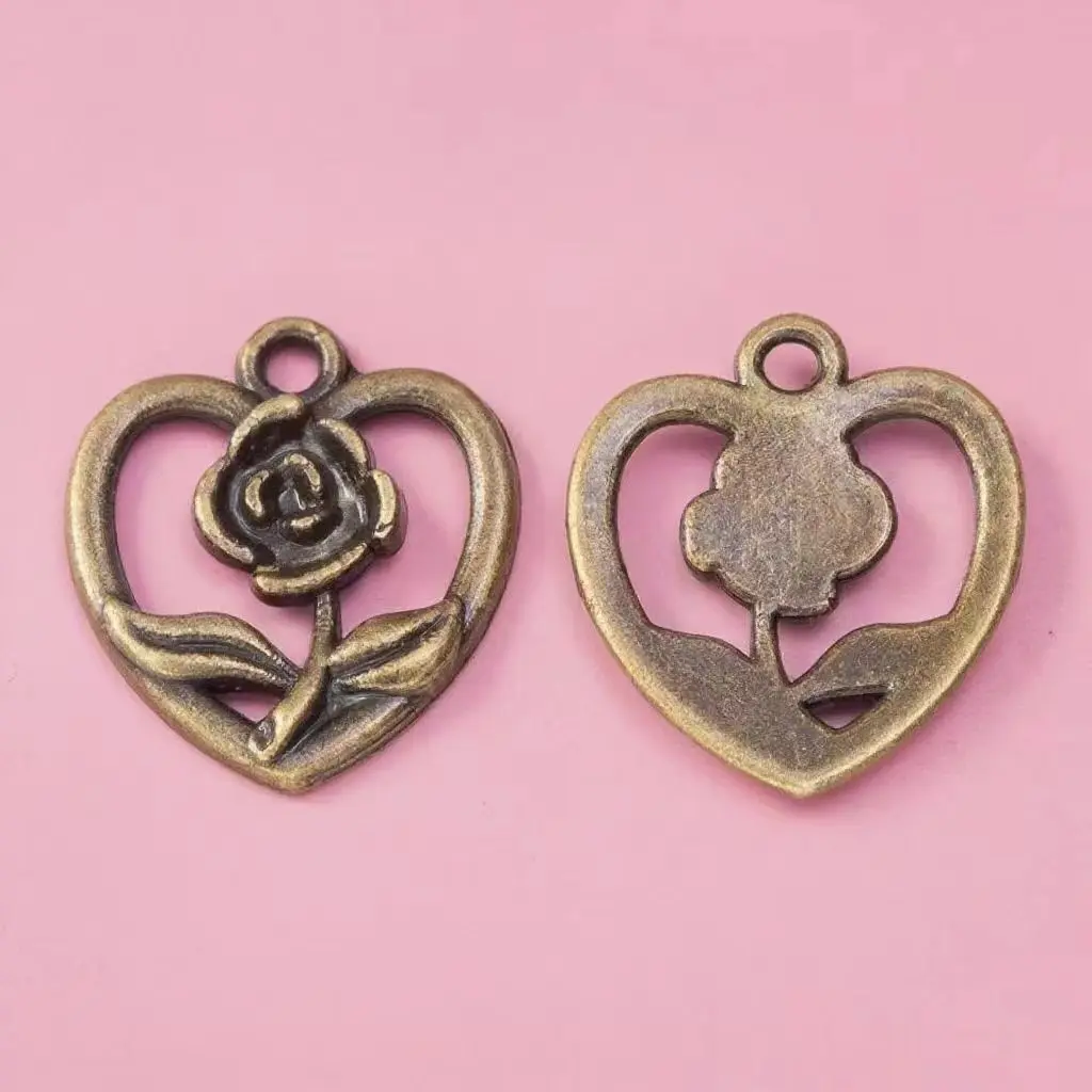 20Pcs/Lot 16x18mm Antique Bronze Silver Color Heart Flowers Charms Pendant For Jewelry Making DIY Jewelry Findings