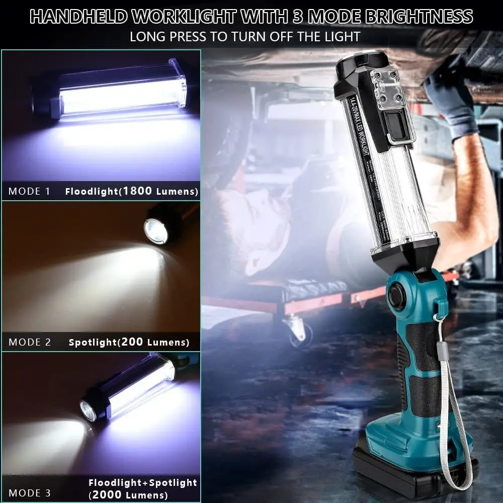 35W Cordless Work Light With Hook For Makita/Bosch/Dewalt/Milwaukee/Ryobi 18V Li-ion Battery Flashlight Emergency Light With USB